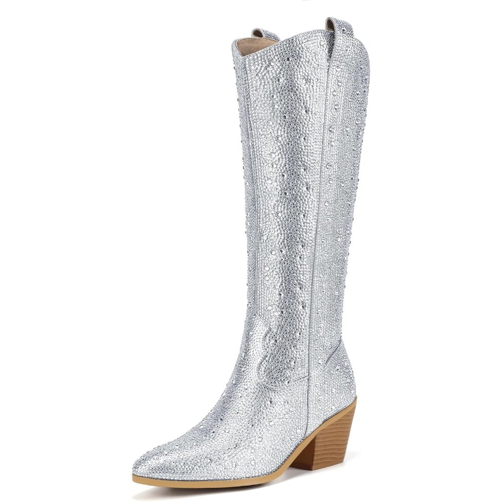 Women's Rhinestone Cowboy Boots Knee High Western Cowgirl Boots Pointed Toe